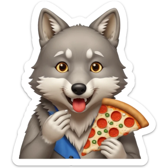 a surprised grey wolf eating a piece of pizza in a sitting pose emoji sticker