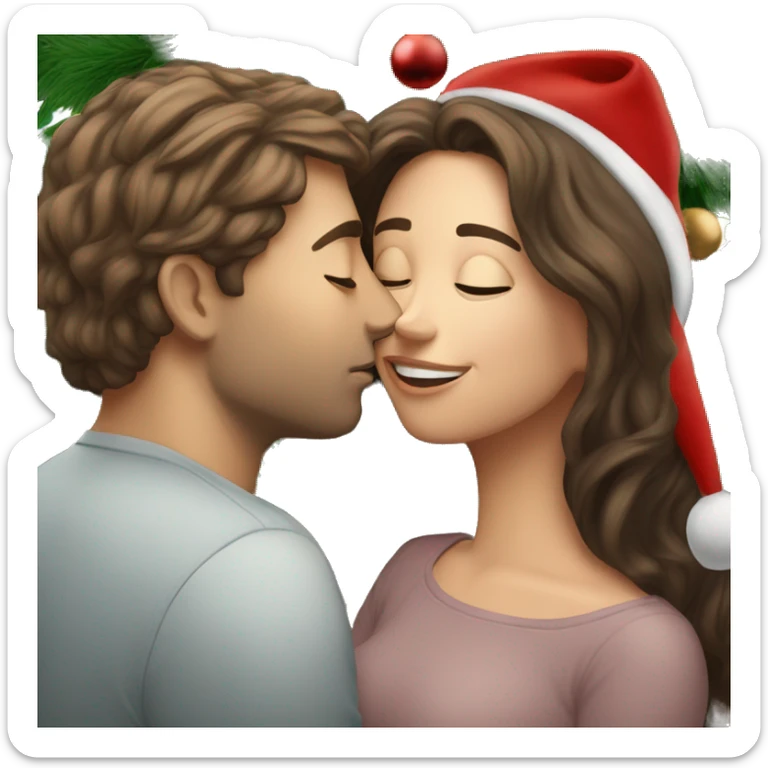 Me being a white brunette man  and my girlfriend who is a white brunette kissing underneath the largest Christmas tree  sticker