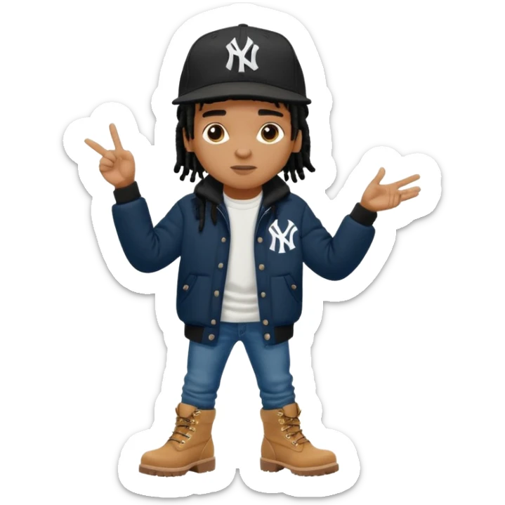 African American boy with short black dreadlocks wearing a black New York Yankees logo baseball cap wearing a black bubble winter coat wearing denim skinny jeans and timberland boots with hands pointing out at someone sticker