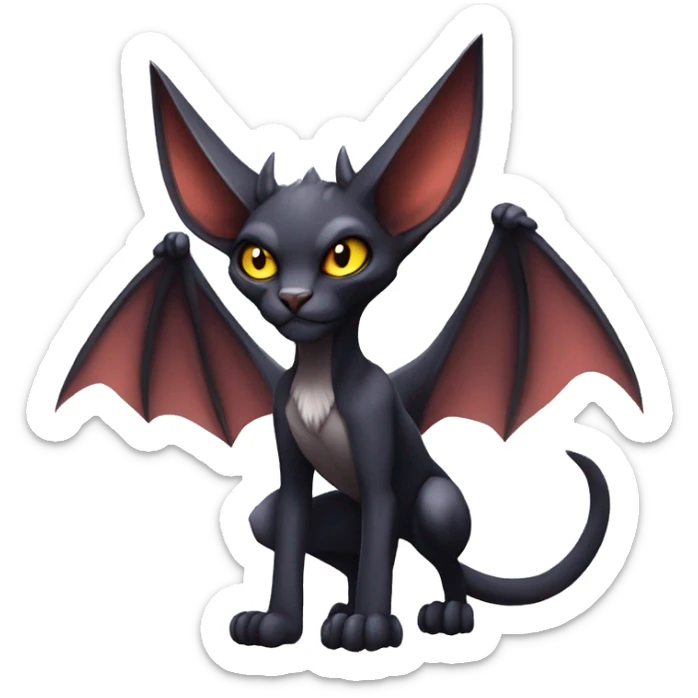 Black cool vampiric Noivern-Litten-Sphynx-Lykoi-Caracal-Fakemon with big bat ears full-body sticker