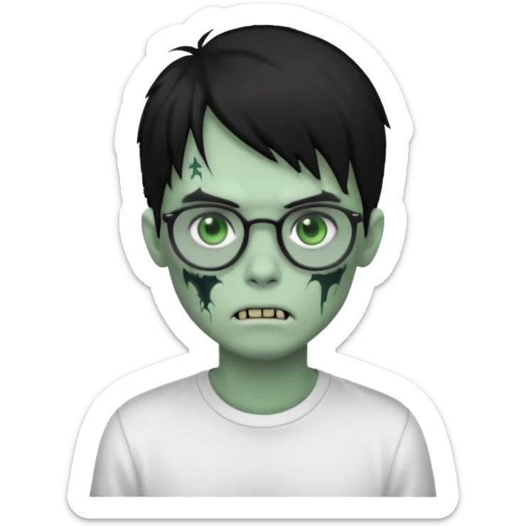 zombie boy with long black emo hair, thick glasses, white shirt, cartoonish green face sticker