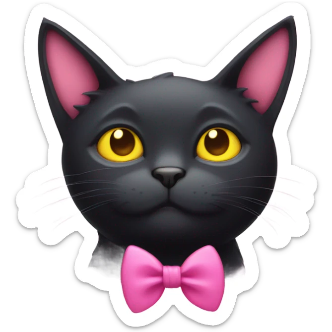 lazy black cat with yellow eyes, pink ears, and a pink bow around the neck sticker