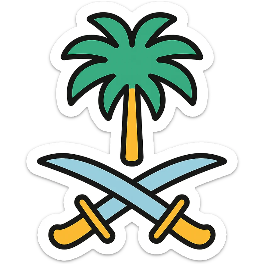 icon representing Saudi culture with palm tree and crossed swords in modern color outline style sticker