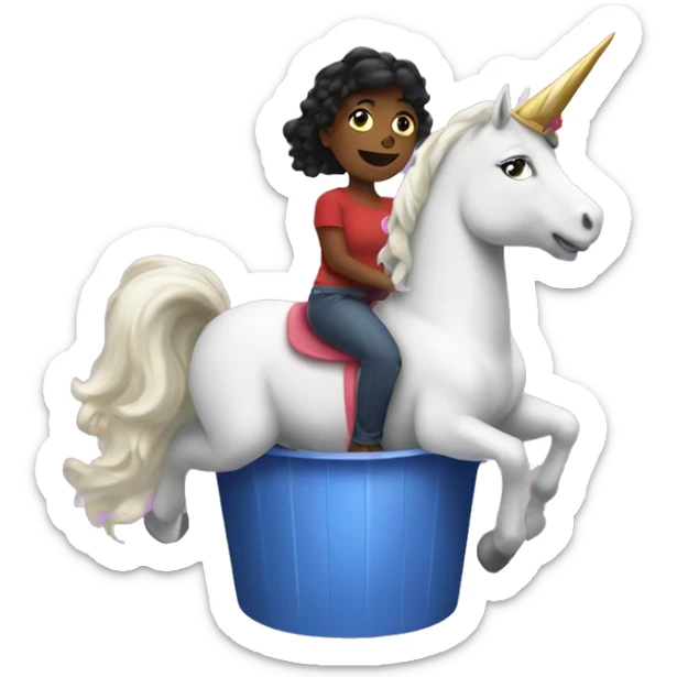 Scarlett riding a unicorn inside of a bucket sticker