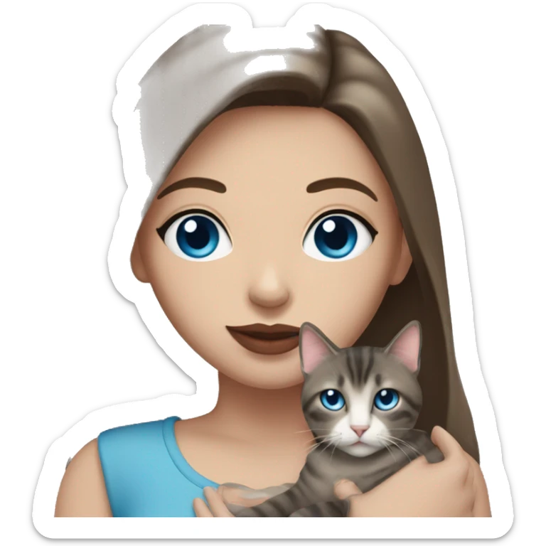 Woman with dark long hair, pink lips and blue eyes holding a tabby cat  sticker