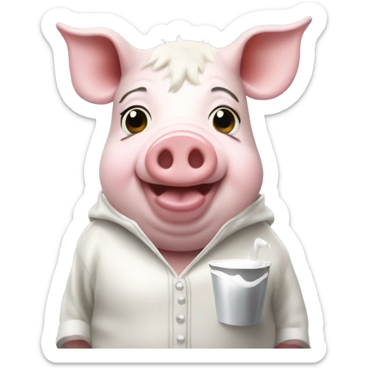 Piggie in cow's costume with pocket of milk sticker