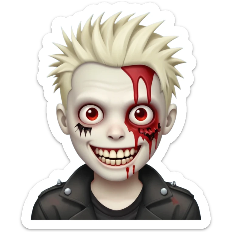 zombie boy withemo spiky hair, white skin, and white eyes; an open smile, and bloodied teeth; sticker