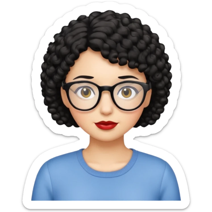mujer de cabello corto negro y lentes, cabello rizado, emoji style sticker