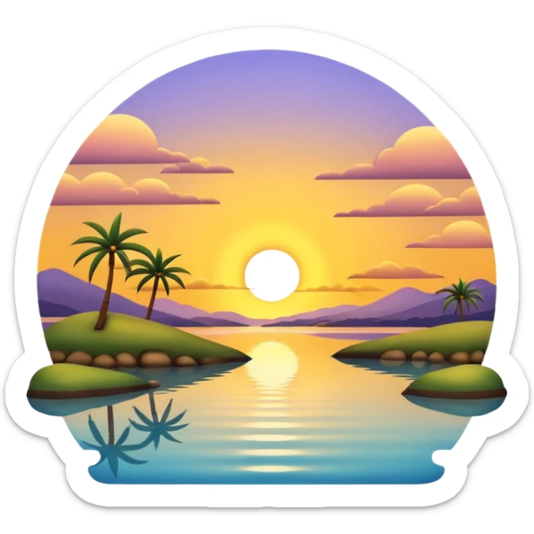 A 3D cartoon sunset over an estuary, golden reflection on calm water, scenic and peaceful, Memoji-style. sticker