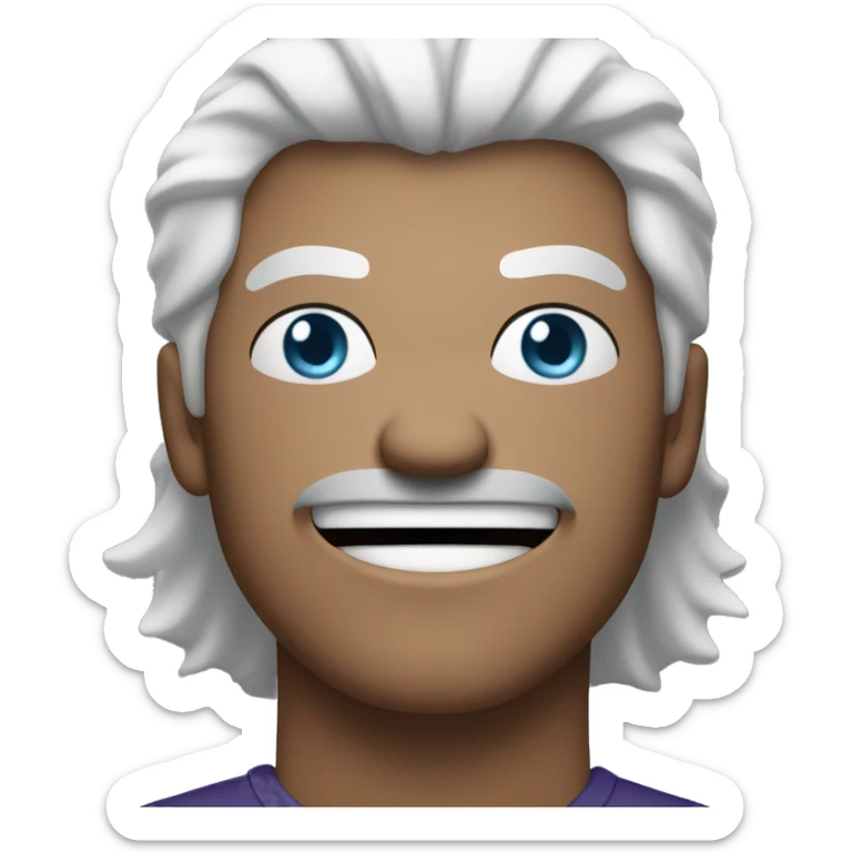 guy with white hair and blue eyes. hair is scrambled and background is darkish purple. no facial hair. angry but laughing sticker