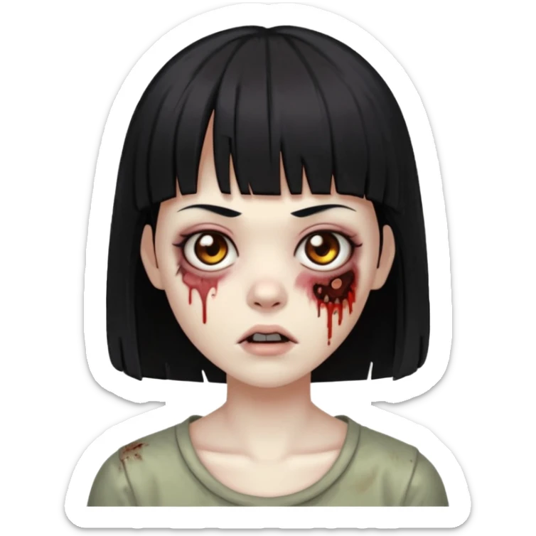 Uma zumbi com os cabelos pretos, mediano, liso e com franja, olhos castanhos sticker