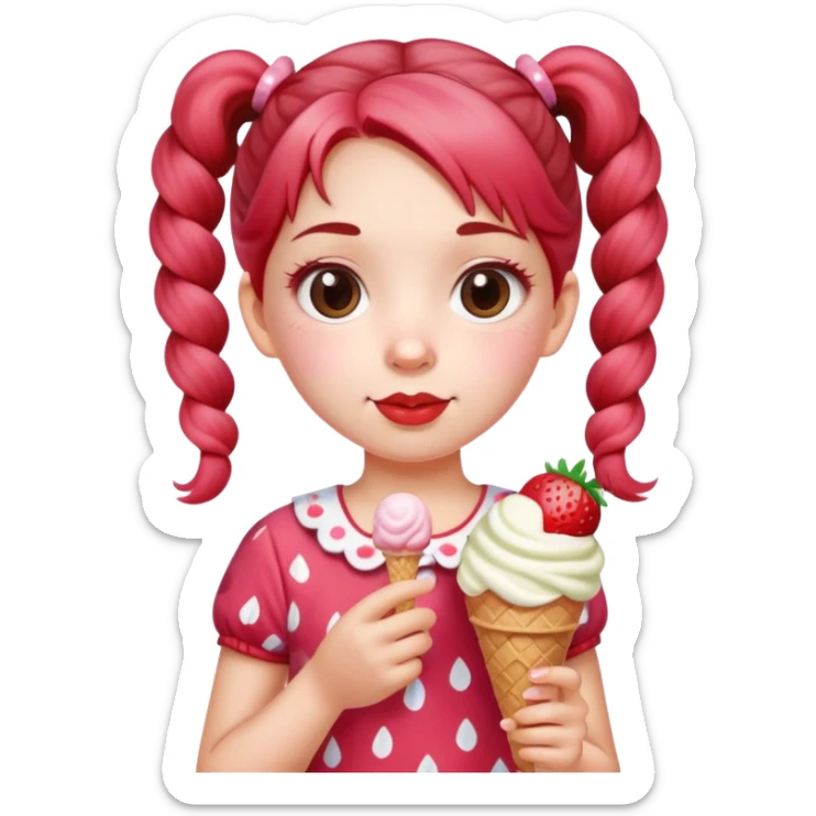 . A cute girl with pigtails, wearing a strawberry-patterned top, holding an ice cream. sticker