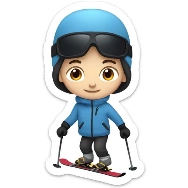 White boy with brown hair skiing on blue skis. Wearing a light gray coat. And a pair of black snow pants.  sticker