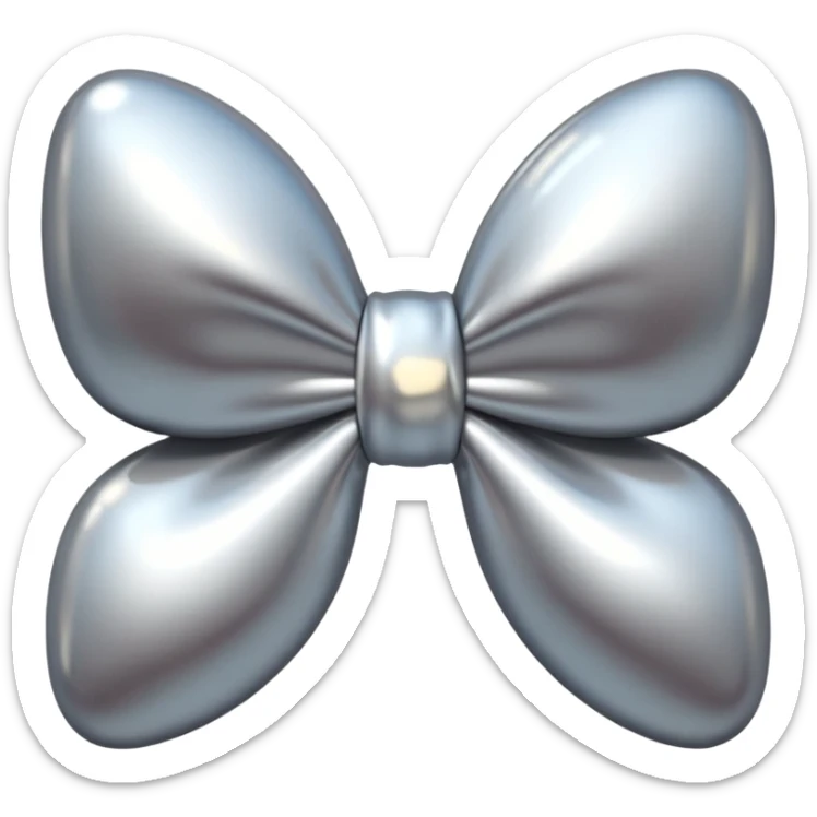 A cute bow emoji made of polished silver chrome, smooth rounded loops, glossy metallic surface, soft mirror reflections, subtle highlights, minimal and adorable proportions, iOS emoji style, centered composition, clean white background, soft studio lighting, no text, no outline, ultra high quality sticker