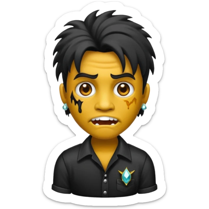Emoji masculino de zumbi estilo iPhone,com cabelo ondulado mullet e preto, camisa preta e brincos de diamante  sticker