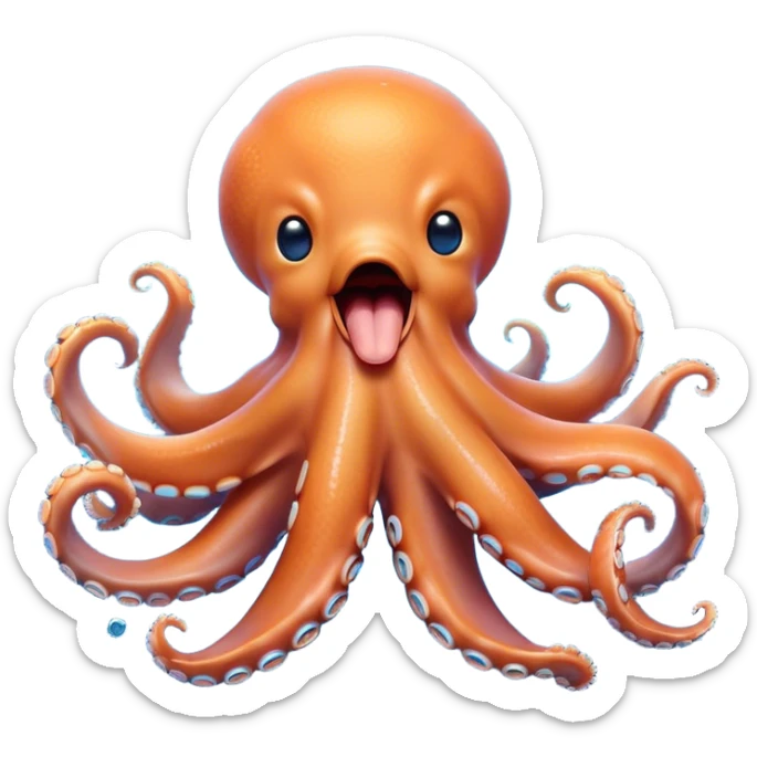 Cinematic Cute Yawning Octopus Portrait Emoji, Head tilted slightly with a dramatic, wide-open yawn, showcasing a plump, light orange body decorated with delicate blue rings and loosely draped arms with sleepy, half-closed eyes, Simplified yet irresistibly adorable features, highly detailed, glowing with a soft, cozy underwater glow, high shine, relaxed yet expressive, stylized with a hint of whimsical aquatic charm, soft glowing outline, capturing the essence of a drowsy yet affectionate octopus that appears ready to stretch and yawn its way out of the screen! sticker
