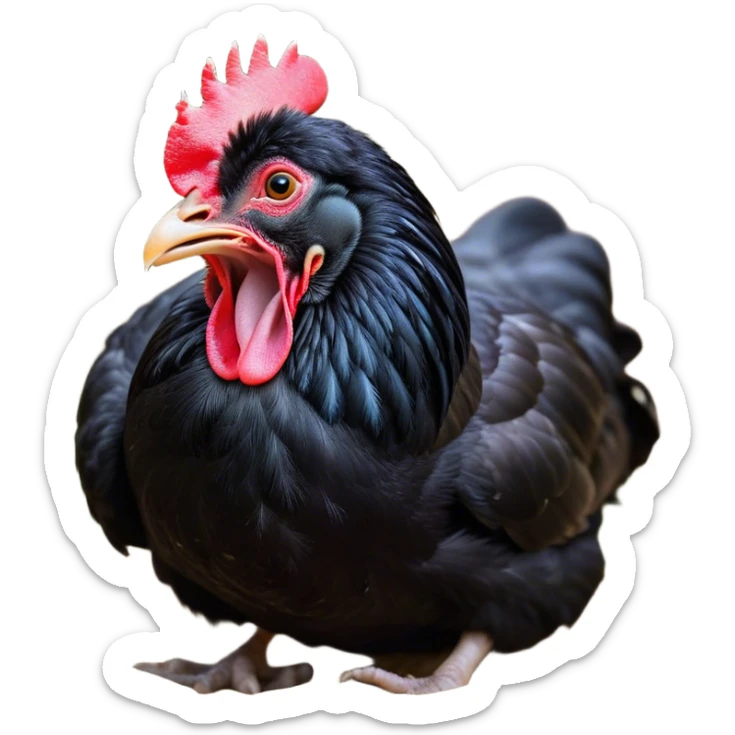 Cinematic Cute Yawning Black Chicken Portrait Emoji, Head tilted slightly with a dramatic, wide-open yawn, showcasing a soft, glossy black plumage with subtle hints of iridescence and a distinctive red comb, floppy wings slightly drooping, round beady eyes barely open in drowsy contentment, Simplified yet irresistibly adorable features, highly detailed, glowing with a soft, cozy glow, high shine, relaxed yet expressive, stylized with a touch of whimsy, bright and endearing, soft glowing outline, capturing the essence of a sleepy yet affectionate chicken, so drowsy it feels like it could stretch out of the screen and curl up for a nap! sticker