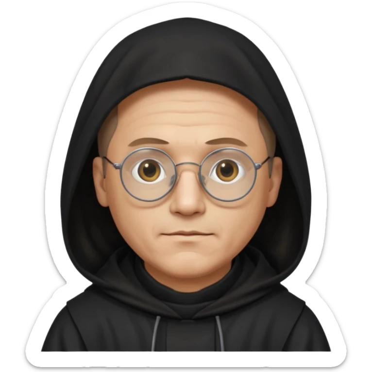 Monk priest prayer black habit with hood round black glasses done light brown wavy hair under hood remove the medallion smaller more round glassed age 46 remove necklace thinner or more oval face  sticker