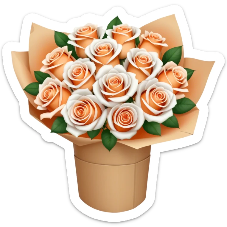 Bouquet of pastel orange and white roses in a paper package sticker