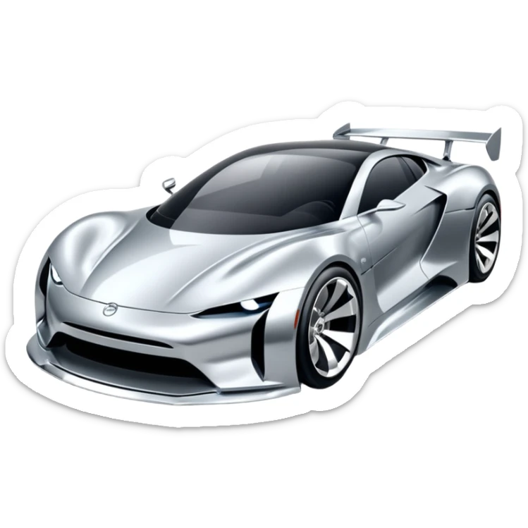 A low-profile futuristic car emoji made of polished silver chrome, wide body stance, smooth aerodynamic shape, glossy metallic surface, soft reflections, luxury swag aesthetic, minimal details, iOS emoji style, centered on clean white background, studio lighting sticker
