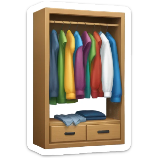 Design an emoji-style icon of an open wardrobe with clothes hanging inside. Include details like a wooden frame, hangers, and colorful clothing items such as shirts or any other clothing . Use a clean and minimalistic design. sticker
