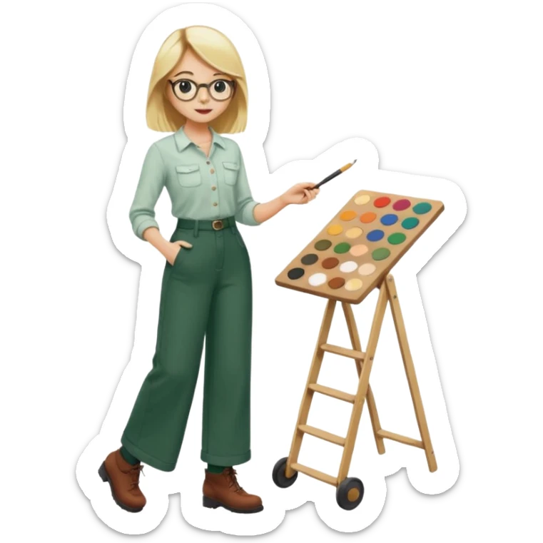 Fille blonde, pantalon ample vert foncé. Lunettes ronde fine. Bottines marrons. Elle pousse une palette remplie de chaussettes  sticker