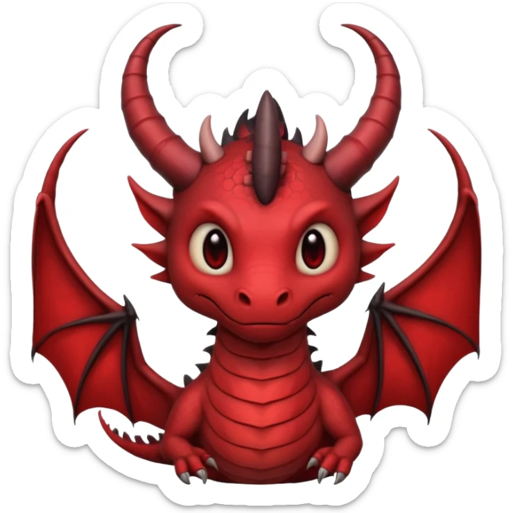 cute-but-dark dragon emoji, Burtonesque gothic illustration,  muted palette with single accent (blood red or emerald), spiral horns, simple silhouette readable at 72x72, hand-drawn texture, minimal details, round sticker composition, --ar 1:1 sticker