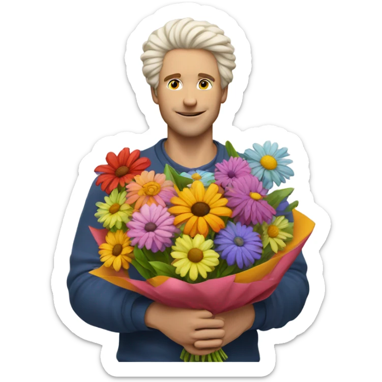 white man with fluffy hair holding bouquet of flowers  sticker