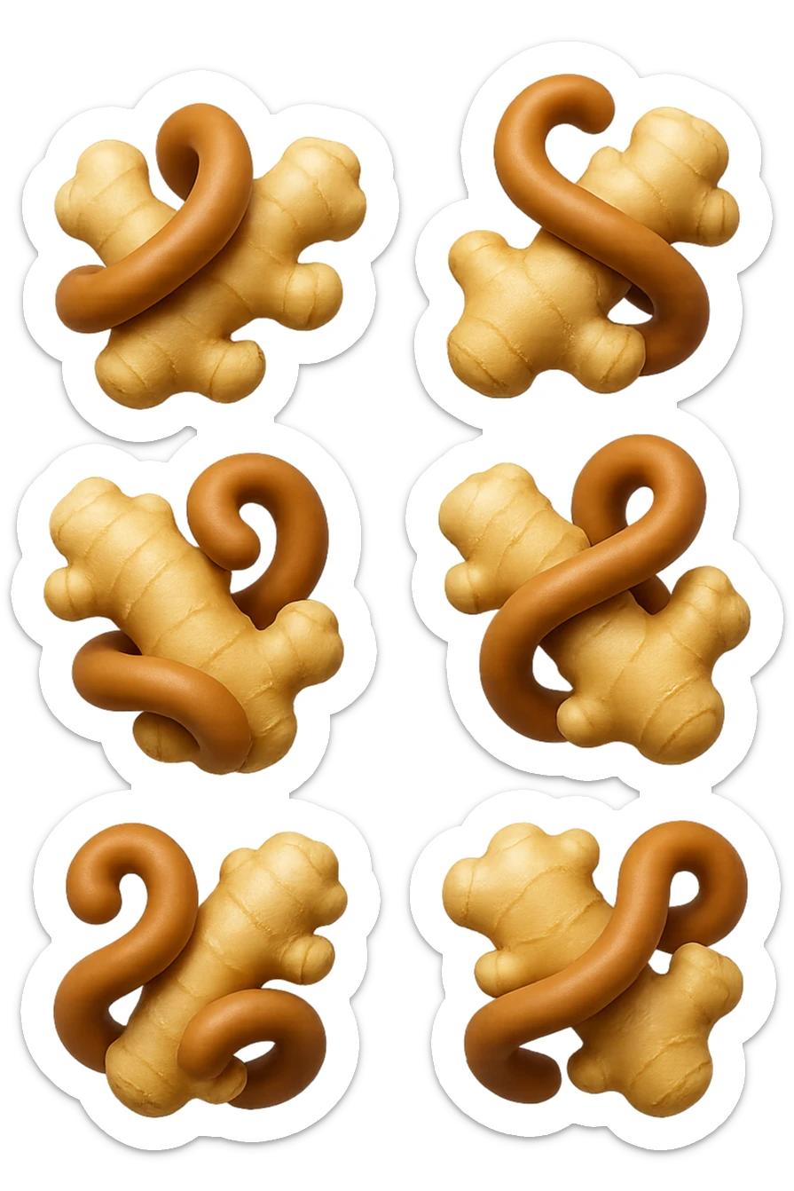 emoji stile iphone 3d di 6 piccoli pezzi di zenzero che fluttuano in aria con pezzi di colon arrotolati intorno, iperrealistico 4k sticker