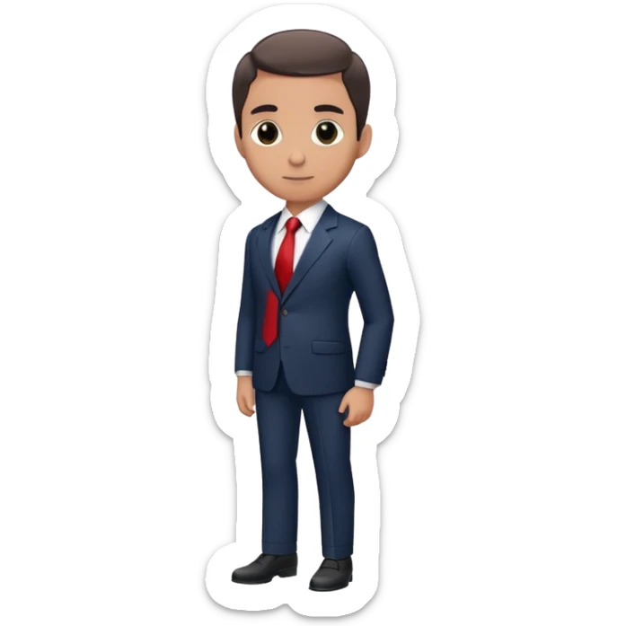 man wearing a dark blue-gray business suit with black horizontal stripes on the arms and legs, white shirt and red tie sticker