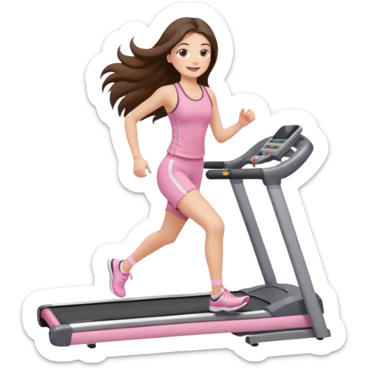 happy long haired brunette girl hazel eyes in light pink walking on treadmill  sticker