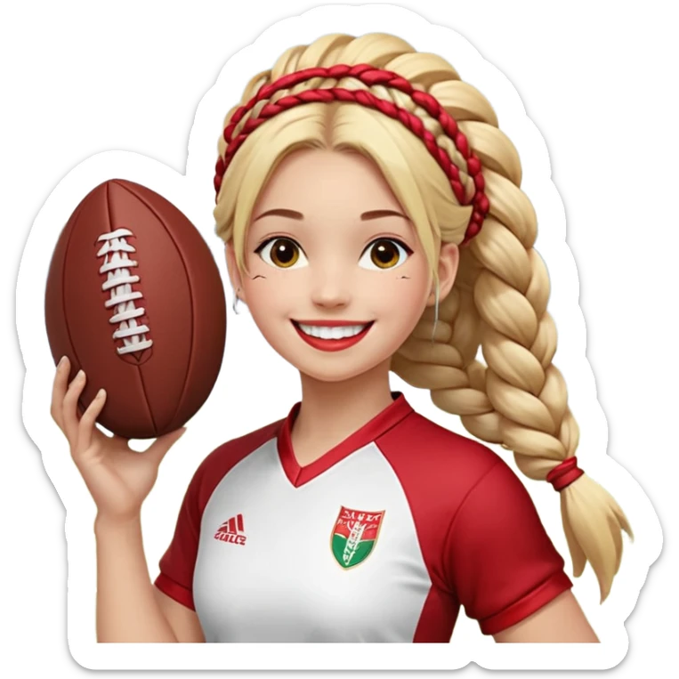 Chica de pelo rubio tirada en el suelo boca abajo agarrando un balón DE RUGBY con las manos vestida con una equipación de color rojo y blanco con líneas y con unas botas de tacos de fútbol, con un bucal en la boca y el pelo con trenzas, se la tienen que ver las 2 piernas y que sonría  sticker