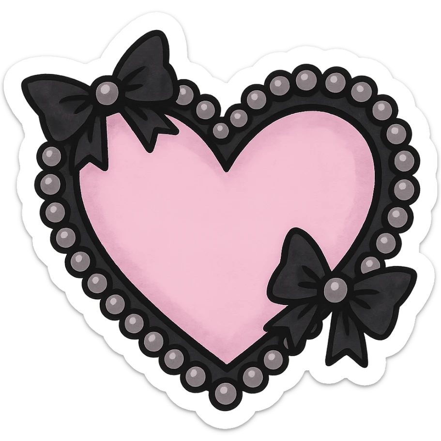 pastel goth heart with black bows and pearls, soft pink and black, cute gothic style sticker