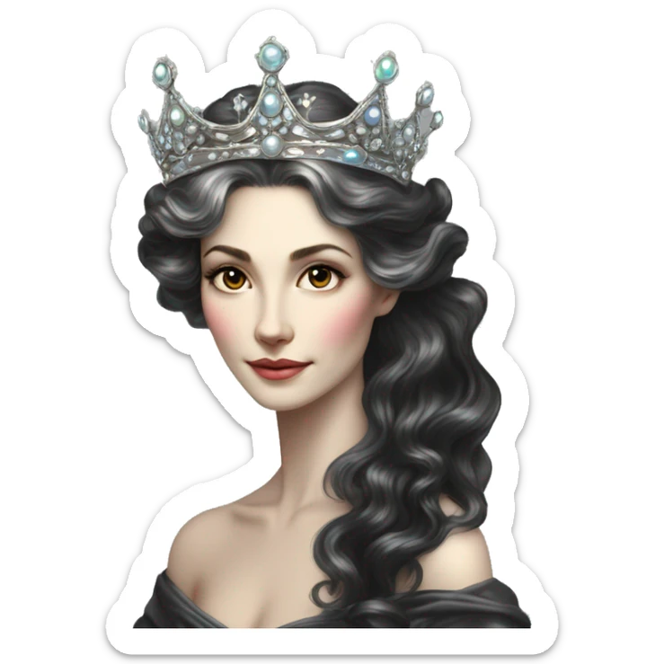 Regal pretty slender middle age woman photograph defined cheekbones high cheekbones crown vintage with very long iridescent black and silver hair wavy long hair pearl crown iridescent sticker