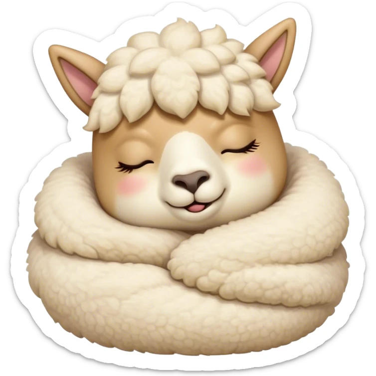 Meme-Worthy Cute Sleeping Cream Alpaca Portrait Emoji, Head resting peacefully with a contented smile, showcasing a delightfully robust build and a luxuriously soft cream fleece, eyes shut in a serene nap, Simplified yet hilariously adorable features, highly detailed, glowing with a soft, drowsy light, high shine, relaxed and utterly lovable, stylized with an air of playful laziness, bright and heartwarming, soft glowing outline, capturing the essence of a comically sleepy alpaca, so meme-worthy it feels like it could instantly become the next viral sensation of adorable slumber! sticker