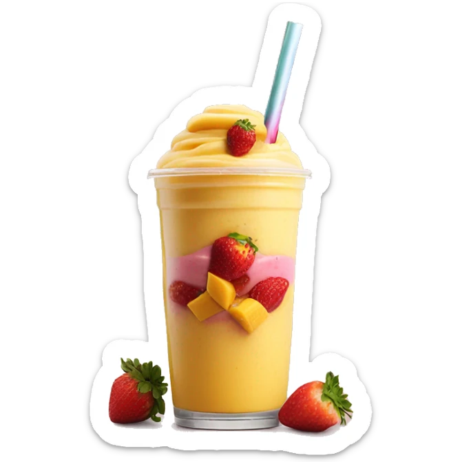 a mix smoothie with 3 layors strawberry smotthie on top mango smoothie in the middle and mango chunks at the botto sticker