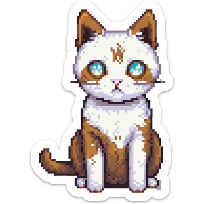 pixel art of a cat wearing a white top with a brown poo stain on it sticker