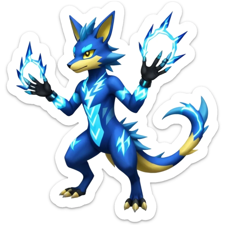 Cobalt-Blue Neon-Electric Bright-Glowing Lightning-Veined Zeraora-Luxray-Lucario-cyber-fusion-creature (full body) sticker