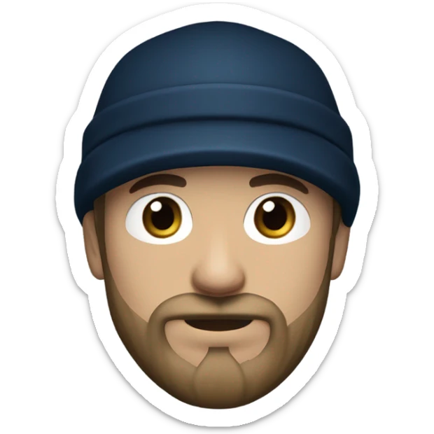 man wearing a black newsboy cap, with a irish styled beard and mustache, and a neutral expression. The man has light skin, blue eyes, dark blue hooded pull over sweater sticker