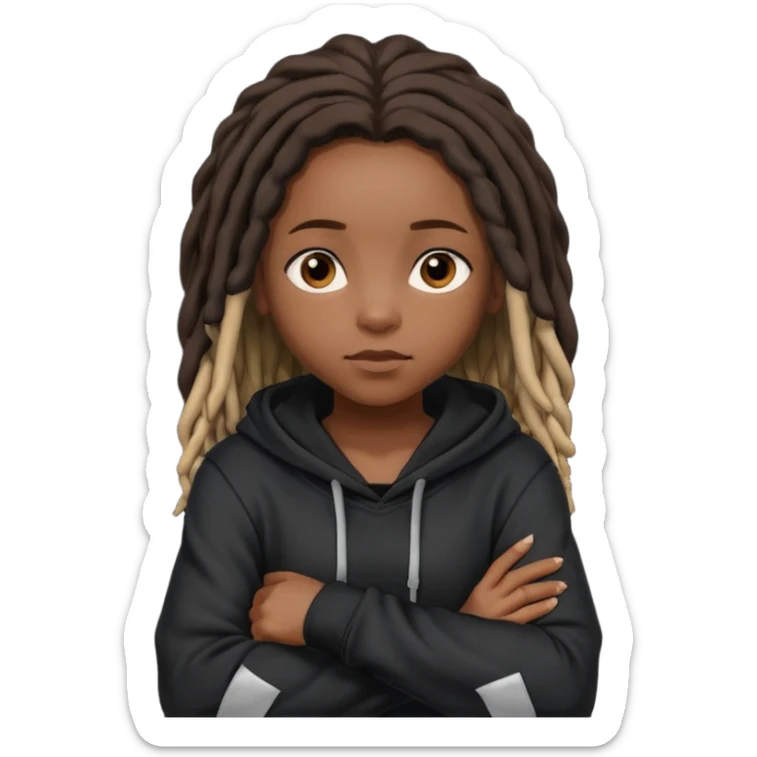 African American dark skin girl with shoulder length dreadlocks wearing a plain black hoodie with her arms folded across her chest sticker