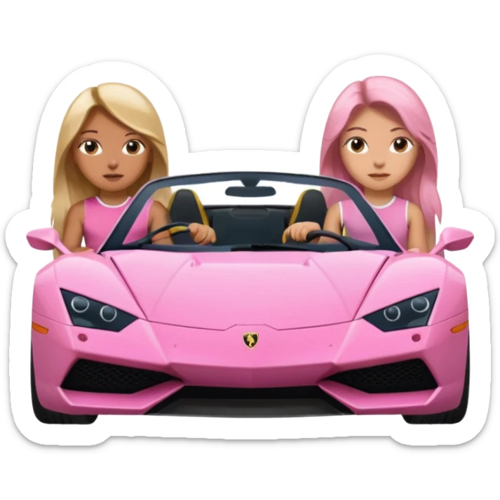 Make car far away so I can see full car Car facing forward in sports car. Make hair long  two girls in car far away Front of car sitting in the seats. Make it a pink sports car. They are two baddies make it a Lamborghini pink car  sticker