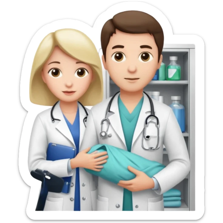 Doctor grabbing a patient gown from medical cabinet  sticker