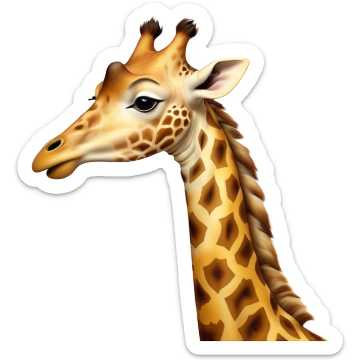 Cinematic Cute Yawning Giraffe Portrait Emoji, Head tilted slightly with a dramatic, wide-open yawn, showcasing a soft, patterned Fur of warm yellows and browns with a long, drooping neck and eyes barely open in drowsy contentment, Simplified yet irresistibly adorable features, highly detailed, glowing with a soft, cozy glow, high shine, relaxed yet expressive, stylized with a touch of savannah whimsy, bright and endearing, soft glowing outline, capturing the essence of a sleepy yet affectionate giraffe, so drowsy it feels like it could stretch right out of the screen and curl up for a nap! sticker