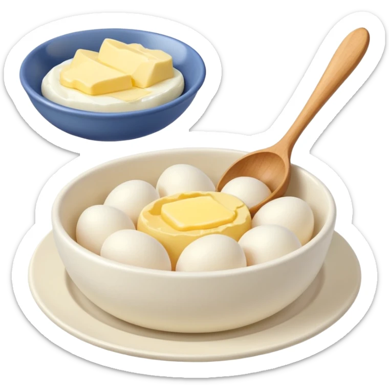 a dozen eggs, a ceramic mixing bowl with a wooden spoon and a plate of butter sticker