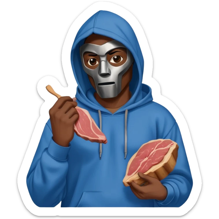 MF DOOM in a blue hoodie holding a piece of meat sticker