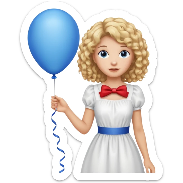 Woman curly blonde with blue balloon, white dress sticker