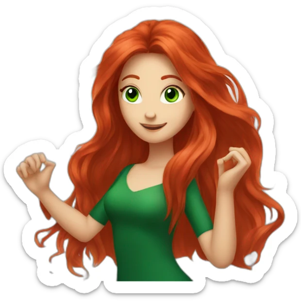 Red long hair girl with green eyes dancing on music sticker