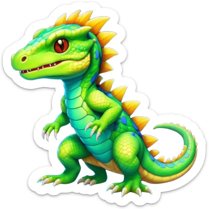 Shiny colorful neon-glowing furry reptilian-Fakémon-creature (full body) sticker