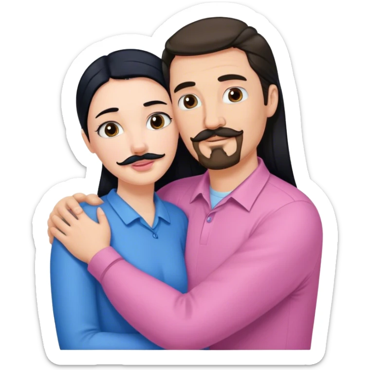 Tall white man with brown mustache goatee wearing blue AND a short pale woman with long black hair wearing pink, hugging sticker