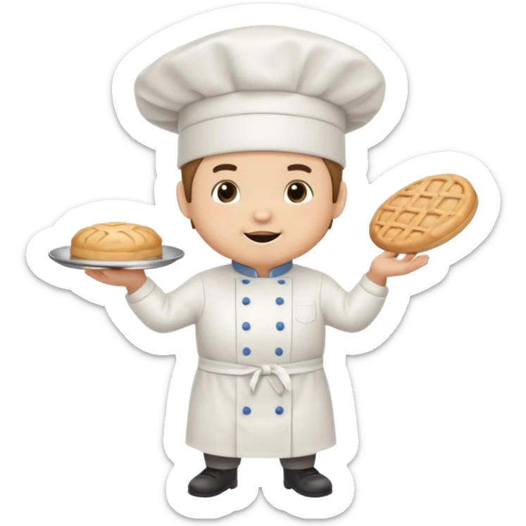 quiero un oso de pie con un delantal de pastelería y un gorrito de chef que una mano tenga una manga pastelera y este feliz divertido sticker